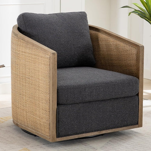 Barrel Chair with a Close Woven Back in Black Stained Rattan