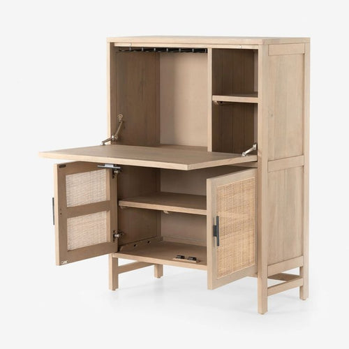 Cane Fronted Bar Cabinet with Fold Out Doors in Natural Rattan
