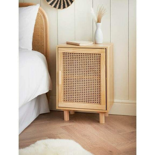 Cane Fronted Bedside Cabinet with a Door in Natural Rattan