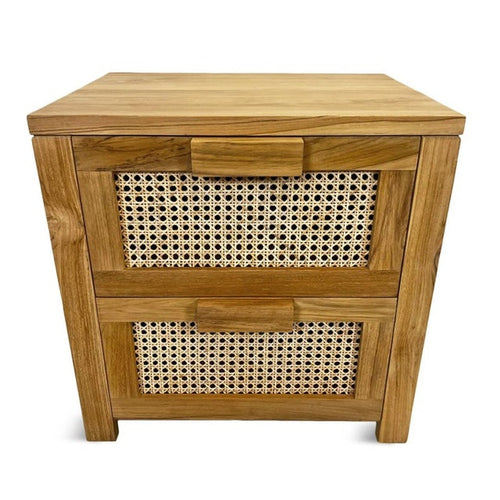 Cane Fronted Bedside Chest with Two Drawers in Honey Cane and Teak