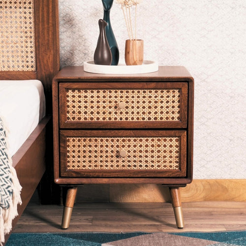 Cane Fronted Bedside Chest with Two Drawers in Natural Rattan