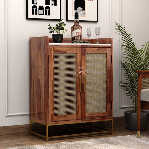Cane Fronted Drinks Cabinet 900mm Wide in Honey Cane and Teak