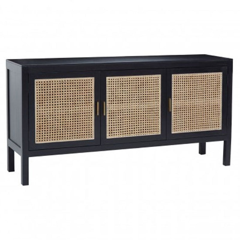 Cane Fronted Sideboard 1400mm Wide with Three Doors in Black Stained Rattan