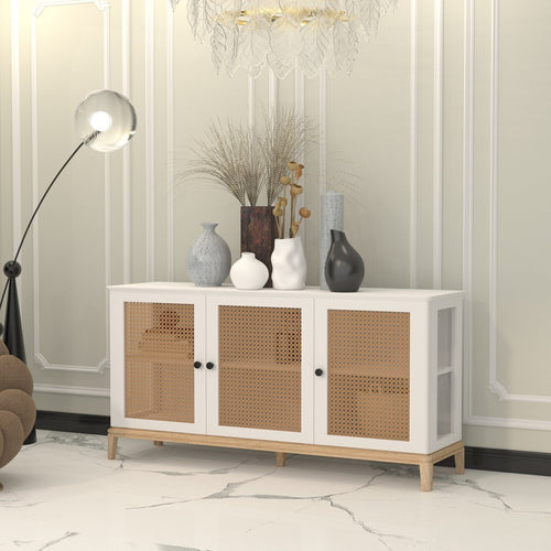 Cane Fronted Sideboard 1400mm Wide with Three Doors in Honey Cane and Teak