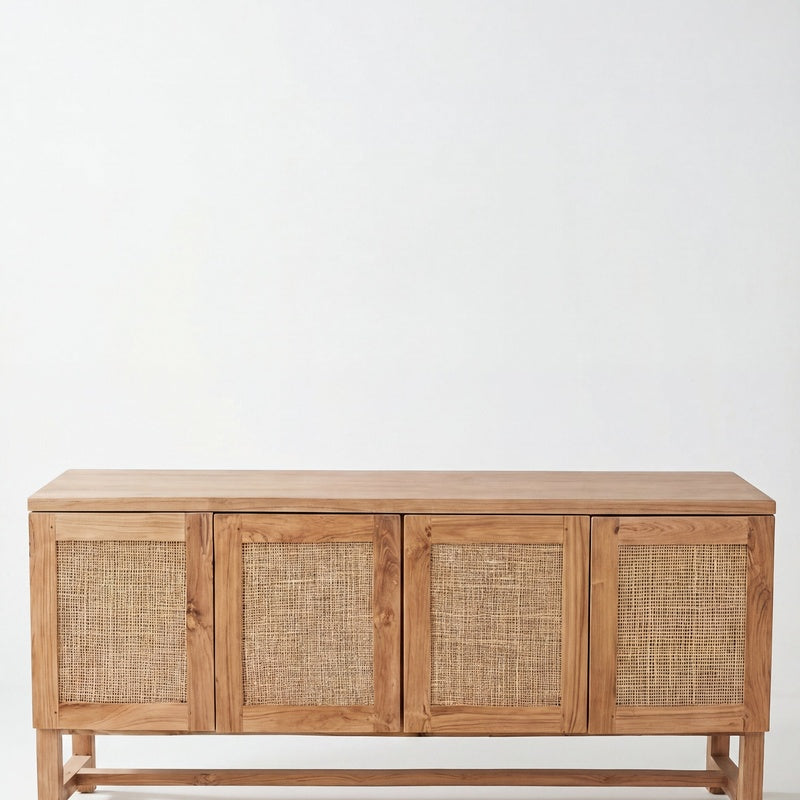 Cane Fronted Sideboard 1600mm Wide with Four Doors in Honey Cane and Teak