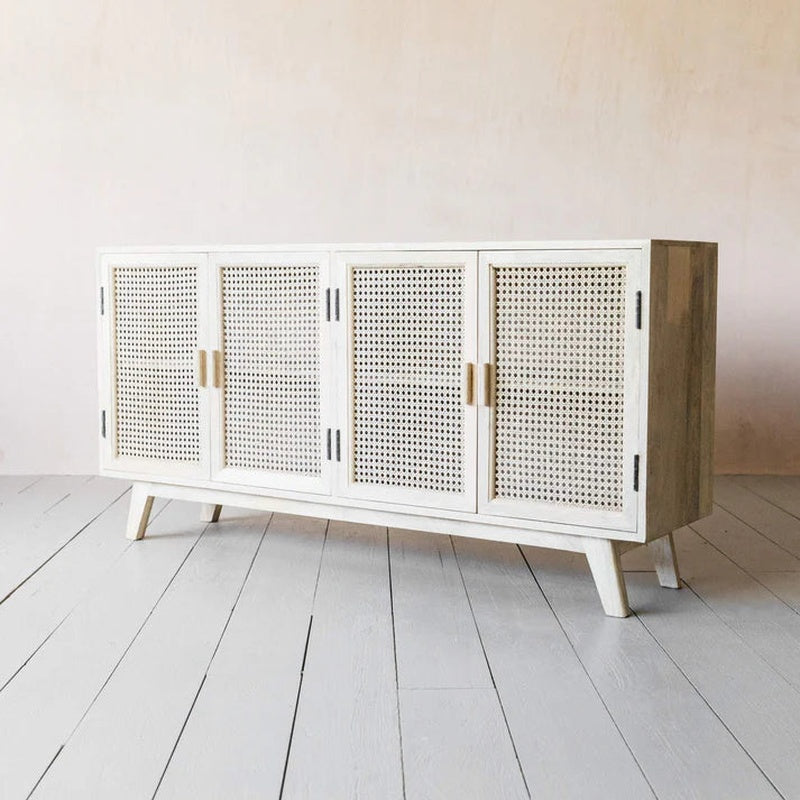 Cane Fronted Sideboard 1600mm Wide with Four Doors in Whitewashed Rattan