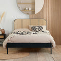 Double Curved Woven Headboard and Footboard Bed in Black Stained Rattan