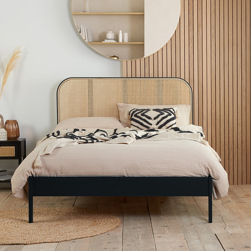 Double Curved Woven Headboard and Footboard Bed in Black Stained Rattan