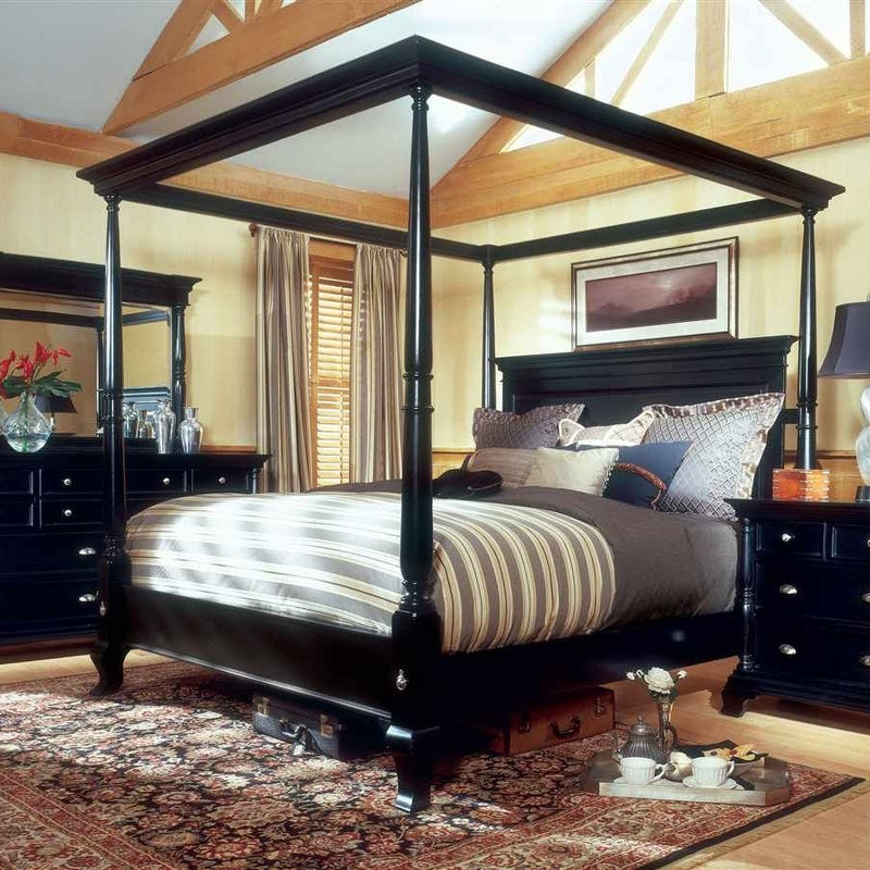 Double Four Poster Bed with a Woven Canopy Frame in Black Stained Rattan