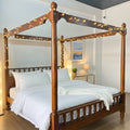 Double Four Poster Bed with a Woven Canopy Frame in Honey Cane and Teak