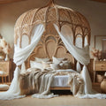 Double Four Poster Bed with a Woven Canopy Frame in Natural Rattan