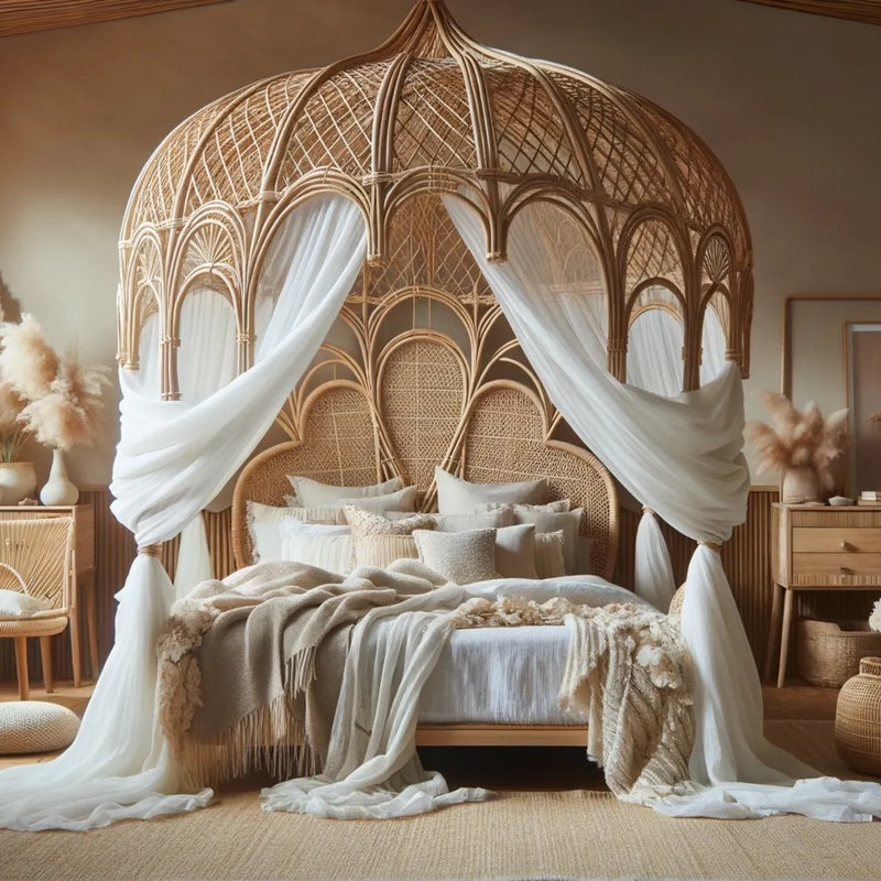 Double Four Poster Bed with a Woven Canopy Frame in Natural Rattan