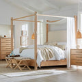 Double Four Poster Bed with a Woven Canopy Frame in Whitewashed Rattan