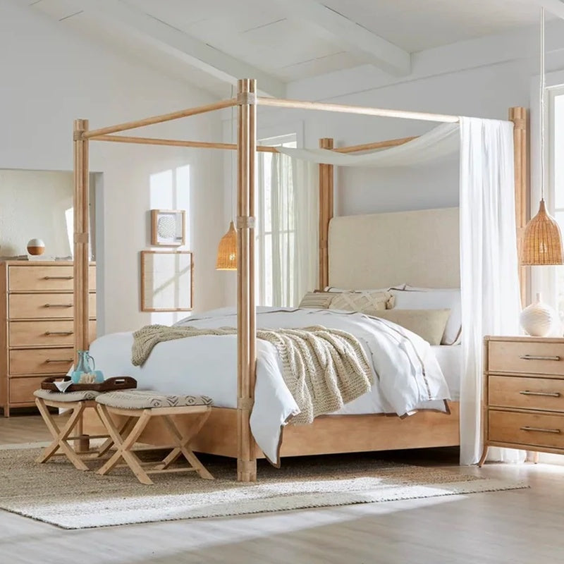 Double Four Poster Bed with a Woven Canopy Frame in Whitewashed Rattan