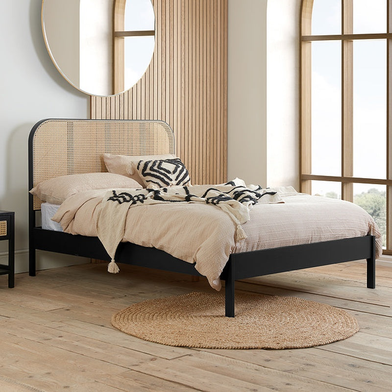 Double Woven Headboard Bed Frame in Black Stained Rattan