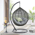 Hanging Teardrop Chair with a Freestanding Stand in Kubu Grey Rattan