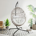 Hanging Teardrop Chair with a Freestanding Stand in Whitewashed Rattan