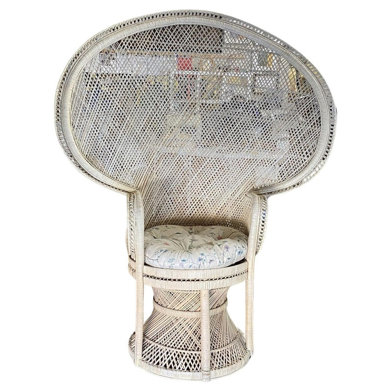 High Back Throne Chair with a Woven Crown in Whitewashed Rattan