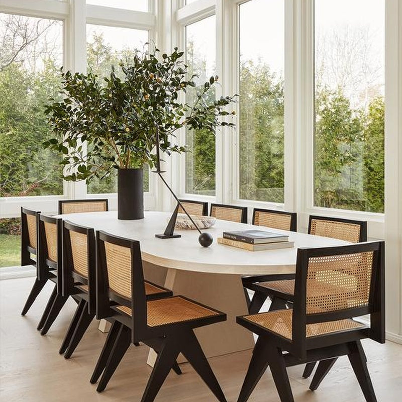 Oval Cane Topped Dining Table with Four Chairs in Black Stained Rattan