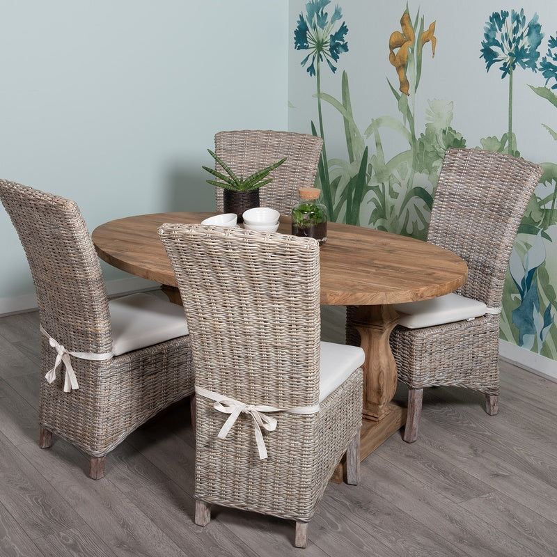 Oval Cane Topped Dining Table with Four Chairs in Honey Cane and Teak