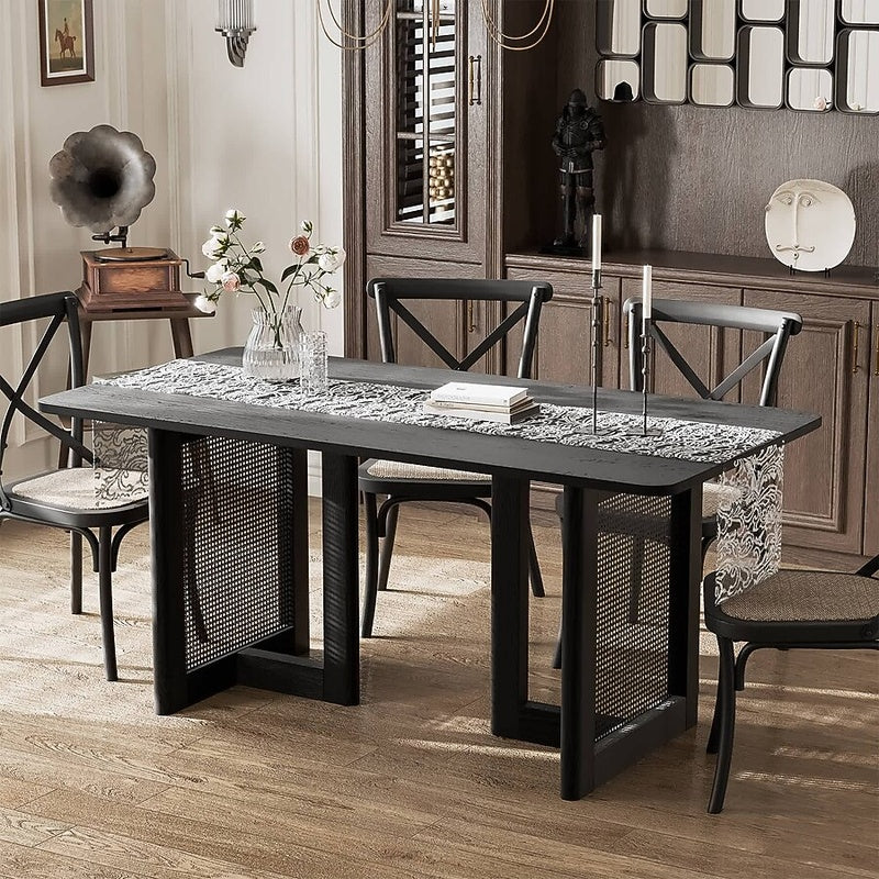 Rectangular Woven Base Dining Table with Four Chairs in Black Stained Rattan