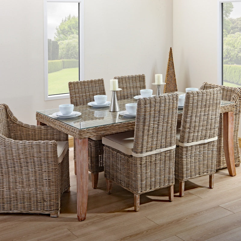 Rectangular Woven Base Dining Table with Four Chairs in Kubu Grey Rattan