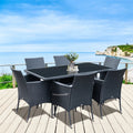 Rectangular Woven Base Dining Table with Six Chairs in Black Stained Rattan