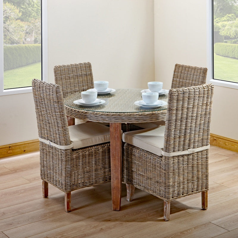 Round Cane Topped Dining Table with Four Chairs in Kubu Grey Rattan