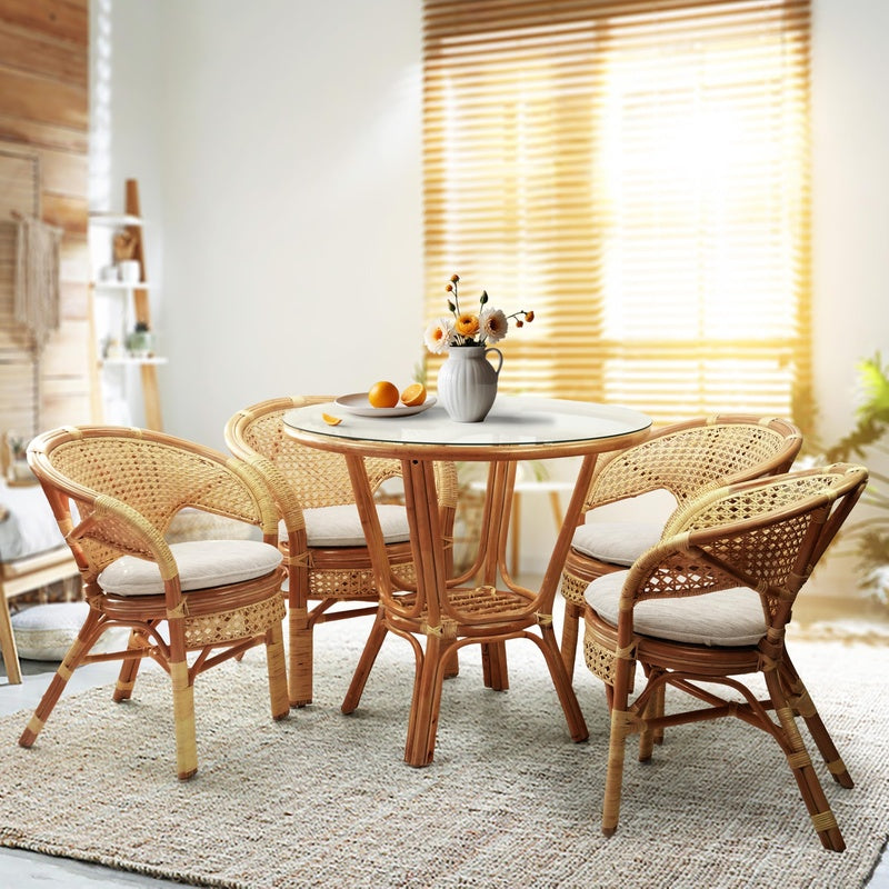 Round Cane Topped Dining Table with Four Chairs in Natural Rattan