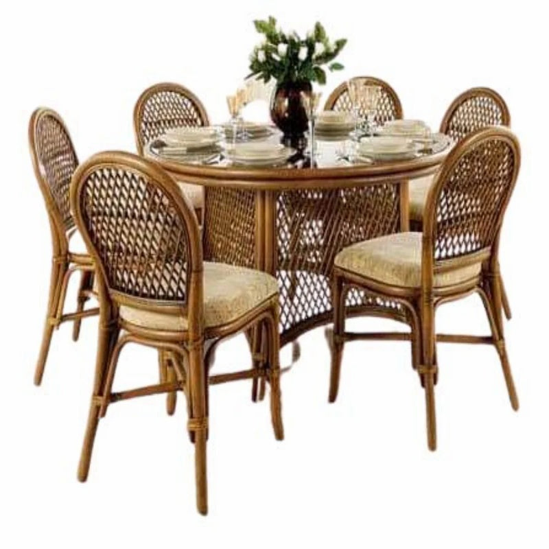 Round Cane Topped Dining Table with Six Chairs in Cane and Mahogany