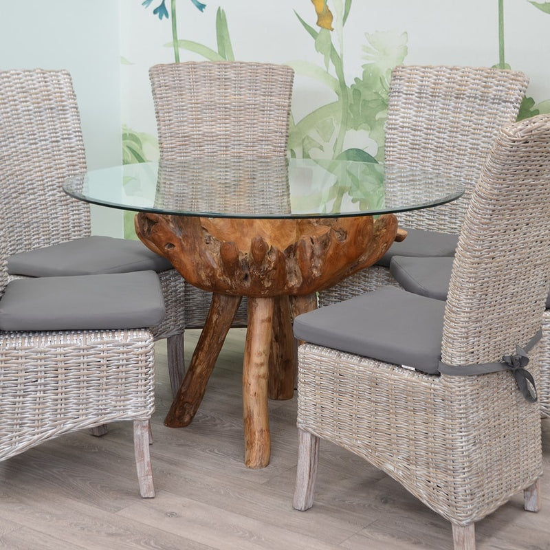 Round Cane Topped Dining Table with Six Chairs in Kubu Grey Rattan