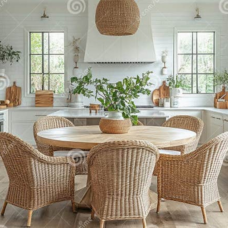 Round Cane Topped Dining Table with Six Chairs in Natural Rattan
