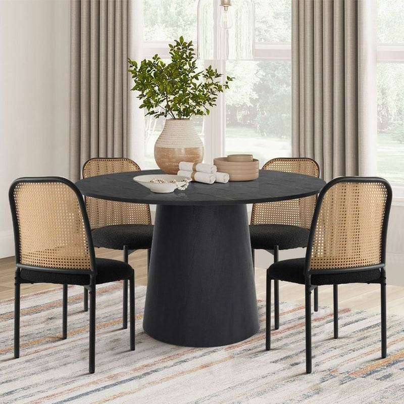 Round Cane Topped Dining Table with Two Chairs in Black Stained Rattan