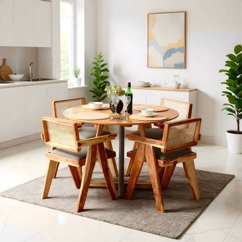 Round Cane Topped Dining Table with Two Chairs in Honey Cane and Teak