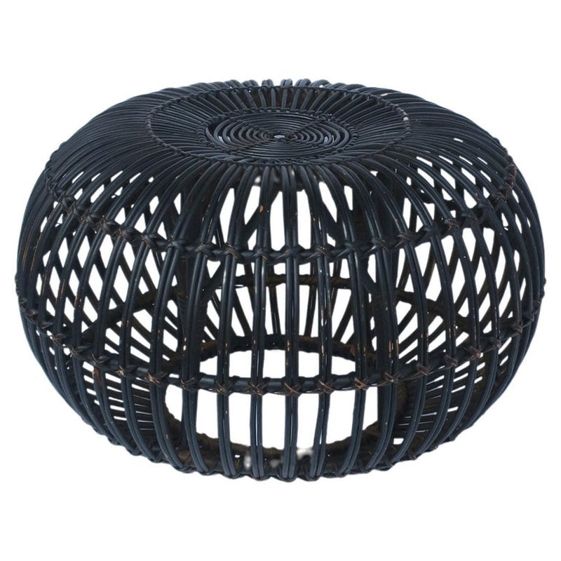 Round Woven Ottoman with a Lift Off Lid in Black Stained Rattan