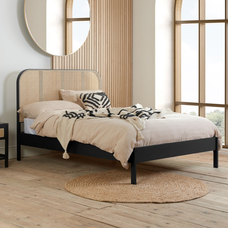 Single Curved Woven Headboard and Footboard Bed in Black Stained Rattan