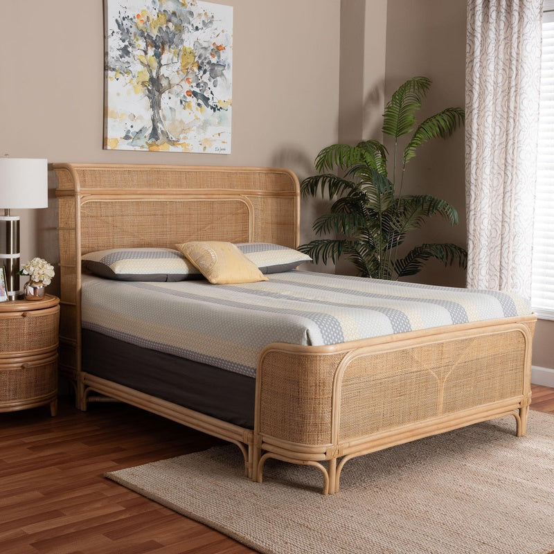 Single Curved Woven Headboard and Footboard Bed in Natural Rattan