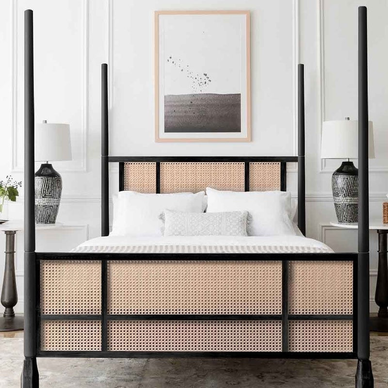 Single Four Poster Bed with a Woven Canopy Frame in Black Stained Rattan