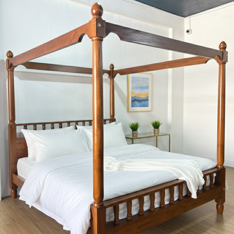 Single Four Poster Bed with a Woven Canopy Frame in Honey Cane and Teak