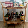 Three Tier Rattan Drinks Trolley with a Bottle Rack in Cane and Mahogany