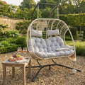 Two Seat Hanging Chair with a Freestanding Stand in Whitewashed Rattan